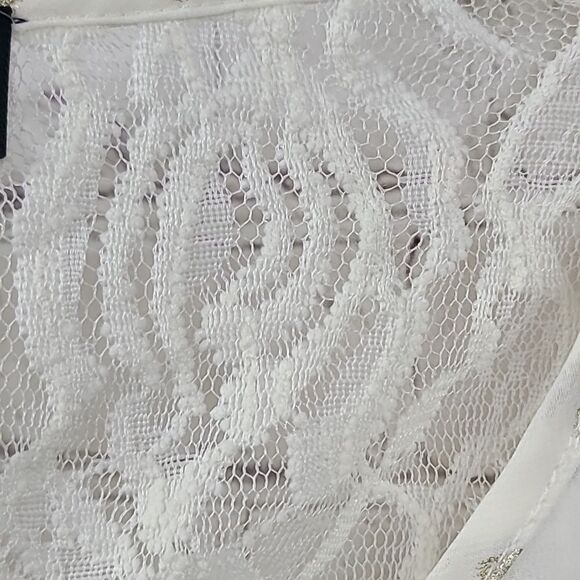 Ivory Lace & Gold Foil Chiffon Peasant Blouson Top Popover Blouse Festive Party - Picture 8 of 15